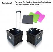 Sun Leisure Pack and Go Folding Shopping Trolley Cart with Wheels Black + Lid