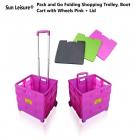 Sun Leisure® Pack and Go Folding Shopping Trolley Cart with Wheels Pink + Lid