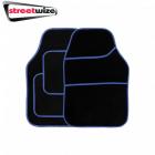 Streetwize Velour Black Carpet Car Floor Mats Heel Pad Blue Edge Trim SWBCMBL